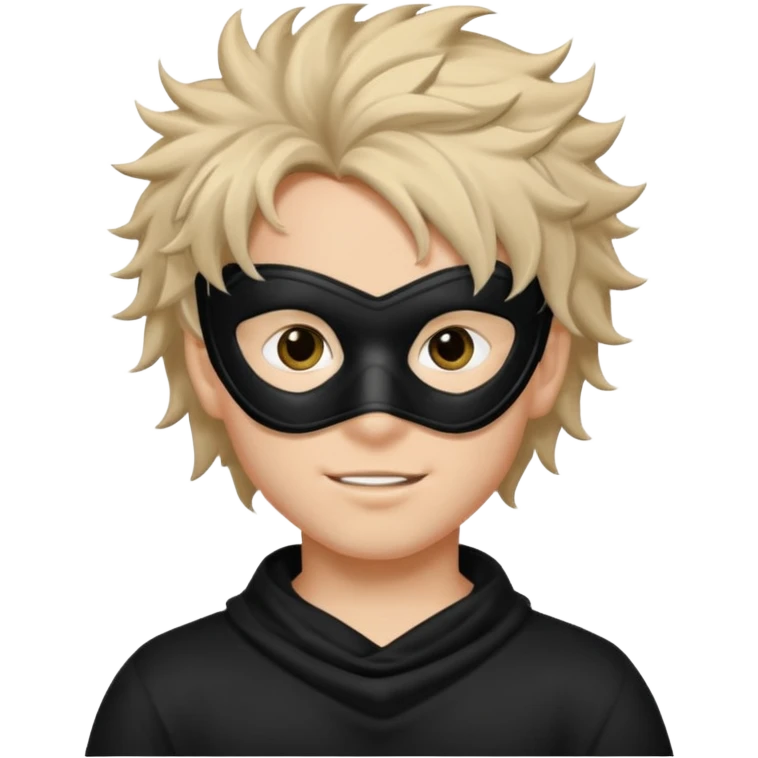 messy hair boy in a sleek black mask, playful eyes showing emoji