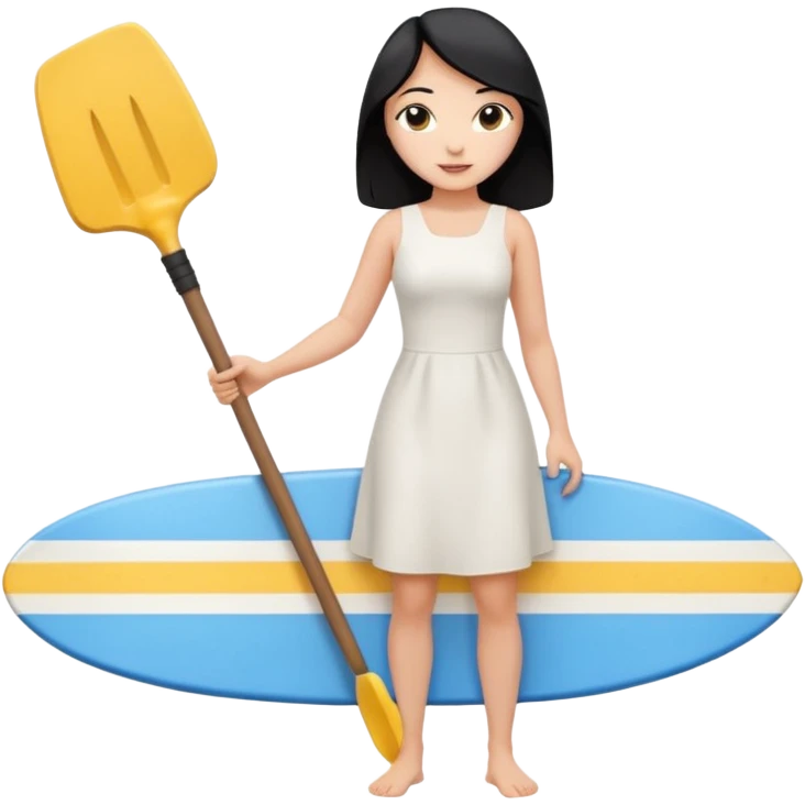 Princess who wearing white dress (woman) black hair holding her phone and long shovel with another hand. She is standing on her feet, there is one blue surfing board. emoji