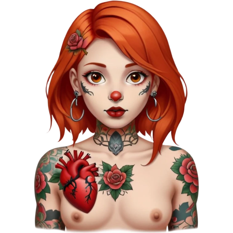 girl with fair skin, small nose, orangey red shoulder-length hair, large brown eyes, full lips, septum ring on nose and large black and white chest tattoo of anatomical heart with tattoos of flower bunches near the shoulders emoji
