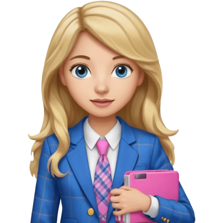 pretty female with long wavy brown hair with blonde highlights and blue eyes holding a pink calculator wearing school uniform which is a blue blazer and white blouse emoji