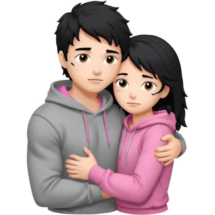 generate a pretty bratz fair skinned boy with messy black hair in a grey hoodie. Hugging his girlfriend who is wearing pink. Make him muscled. Boy in grey hoodie, girl in pink emoji