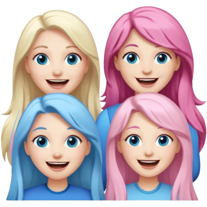 four adult white women laughing and smiling.  Two have long dark brown hair.  One has long pale pink hair and blue eyes. one has with blue eyes and light blonde hair. emoji