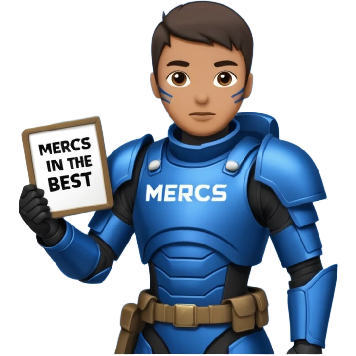 a scifi soldier in blue and black holding a sign saying Mercs, under this scifi in blue and black holding a sign is the text we are the best. in gif emoji