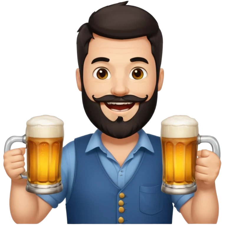 big man in yoga pose, bright skin, dark beard and dark short hair, holding beer mugs emoji