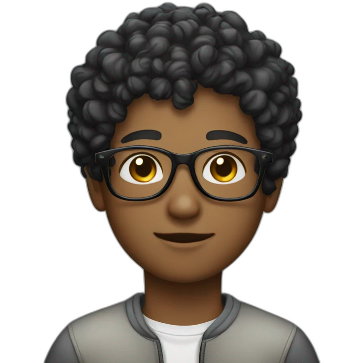 A boy with a black curly short hair and the glasses emoji