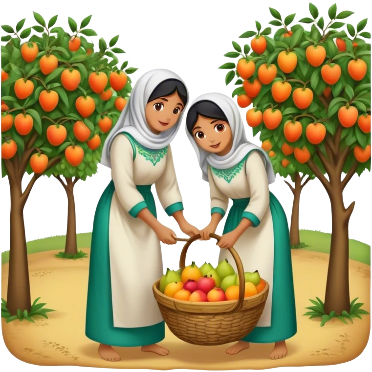 A nostalgic and culturally rich scene of Palestinian women dressed in traditional embroidered thobes harvesting fruit in an orchard. Their vibrant and intricately designed dresses reflect deep heritage, while their coordinated efforts—picking, sorting, and collecting fruit in a woven basket emoji