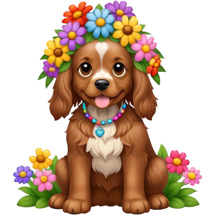 Full body shot of a brown cocker spaniel sitting happily with lots of flowers on his head emoji