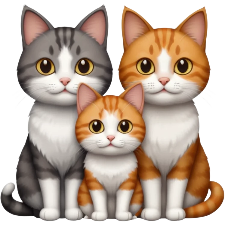 3 different coloured tiny short haired cats, including a dark brown tabby and white cat, and a dark grey and white and a ginger and white emoji