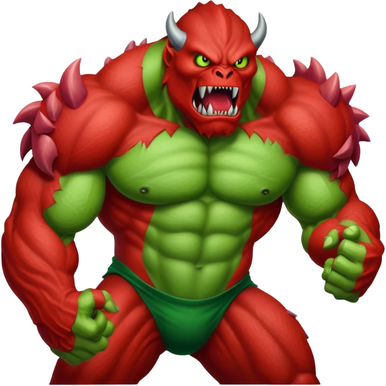 Red Hulk versus Green Hulk, red muscular monster fighting green muscular monster emoji