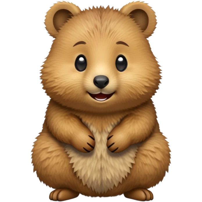 cinematic-quokka-realistic-emoji -hunched-over-emoji,-small-round-frame-balanced-on-tiny-strong-hind-legs,giant-fluffy-cheeks-large-smile-fluffy-brown-fur-radiating-a-warm-softness,-big-round-eyes-filled-with-joy, realistic emoji emoji