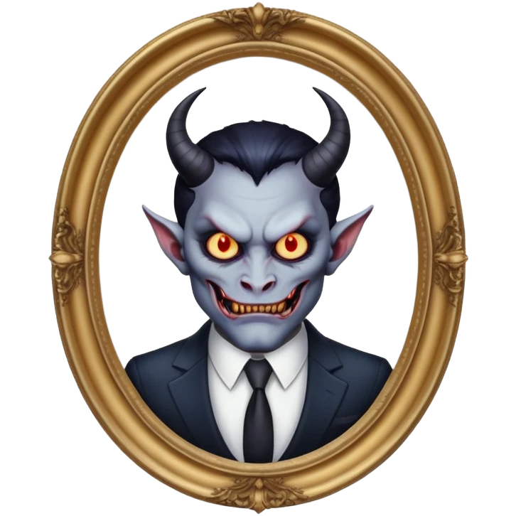 oval oil painting in frame, portrait of a demon in a suit emoji