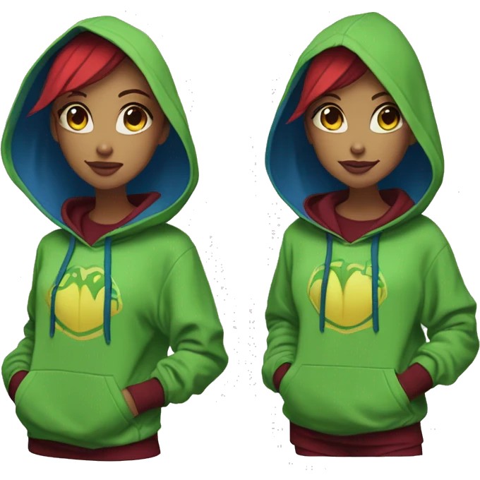 Lady with brunette and iridescent blue hair, gold, lime green dragon wings, maroon hoodie, 420, black and gold Nike t shirt, and bright red eyes emoji