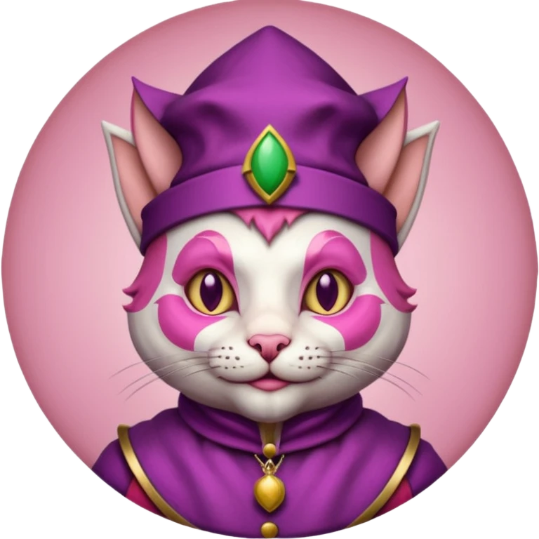 court jester cat medieval, single poker card joker clearly visible, pink, face only, round badge,  court jester cap emoji