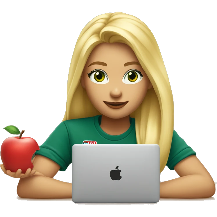 A beautiful blonde girl with green eyes and tommy jeans t-shirt is sitting at a laptop, an apple-style emoji emoji