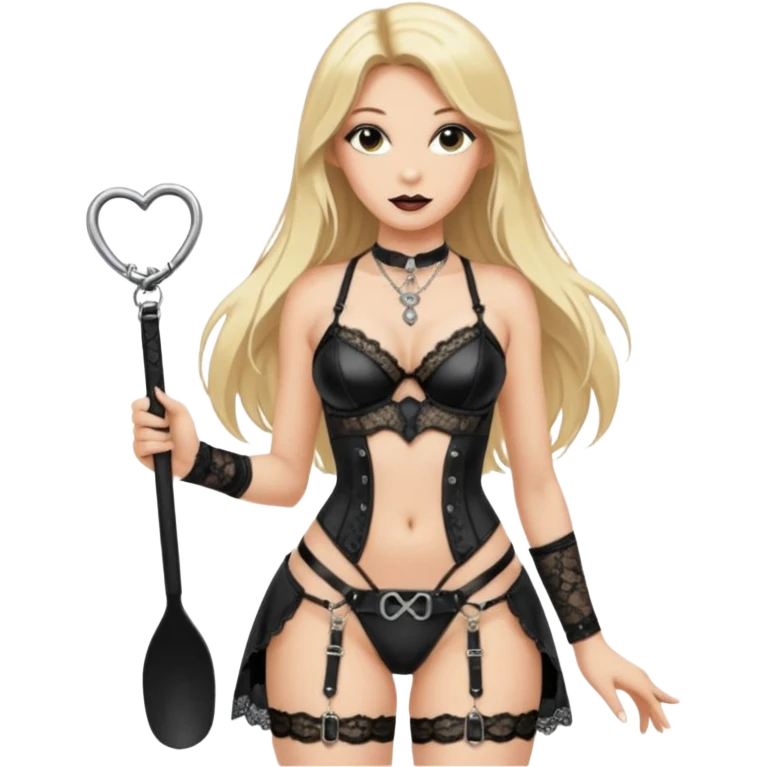 Dominatrix with long blonde hair, a small rectangular leather paddle in her right hand, wearing black lingerie with a garter belt, and a necklace around her neck with a key pendant emoji