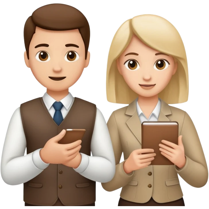 Two team members facing each other, one holding a notepad and the other gesturing, in a collaborative pose emoji