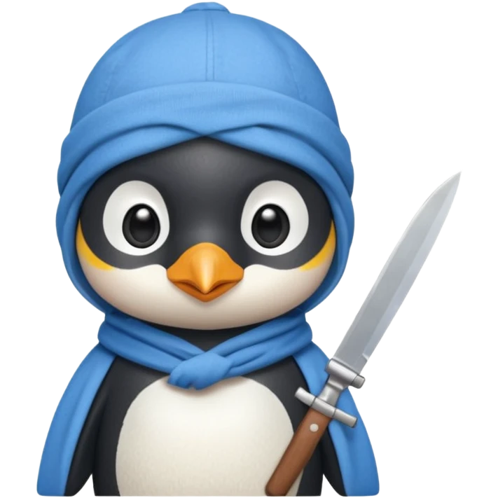 Cute and little penguin wearing a cholo blue cloth in his head and holding a  knife  emoji