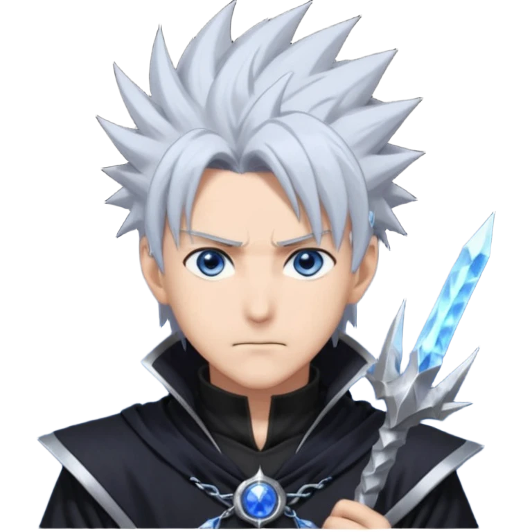 "Satoru Gojo, male anime character, spiky silver hair, blue eyes or blindfold, black sorcerer outfit, tall and athletic, confident pose, anime style, dramatic lighting." emoji