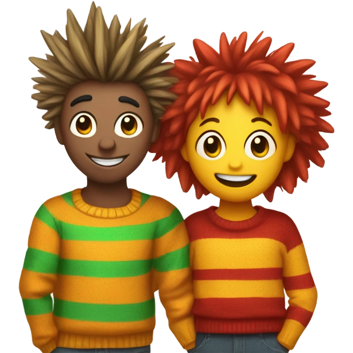 two cheerful characters inspired by Bert and Ernie. Bert is yellow with spiky hair, a unibrow, and a green-striped sweater. Ernie is orange with messy hair, a red nose, and a red-striped sweater. They’re smiling, with Ernie’s arm around Bert emoji