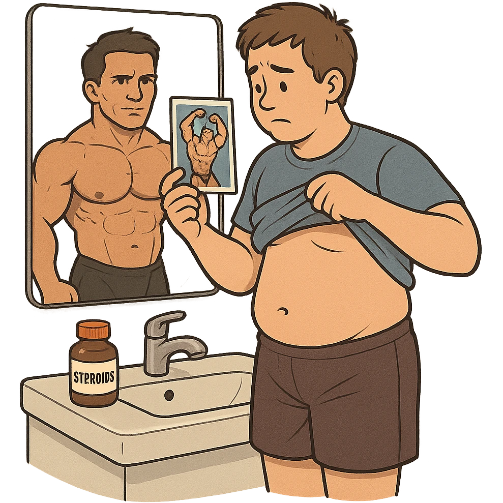 inexperienced bodybuilder looking at mirror with lifted shirt, comparing physique with photo of professional athlete, anabolic steroid bottle on sink, isolated on white background emoji