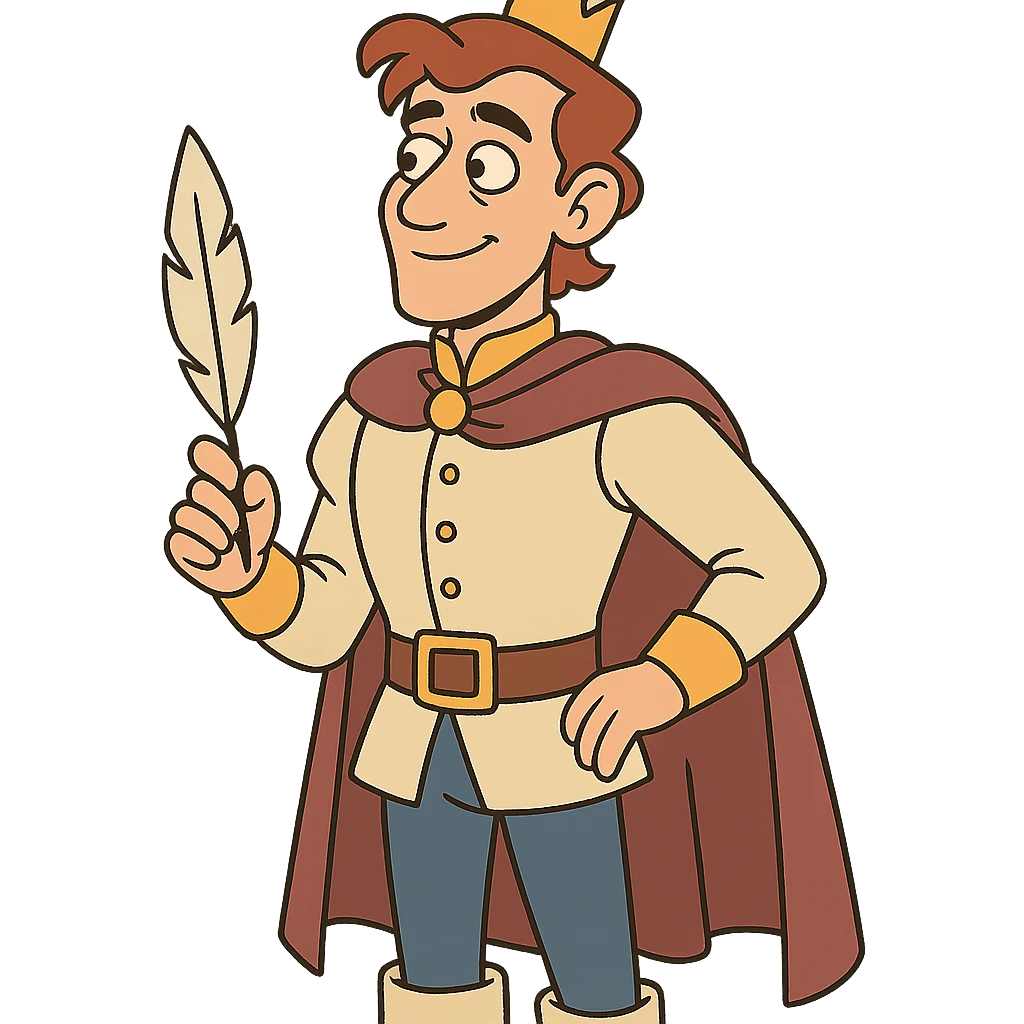 Corentin Carlier as a fantasy prince, elegant outfit, holding a quill emoji