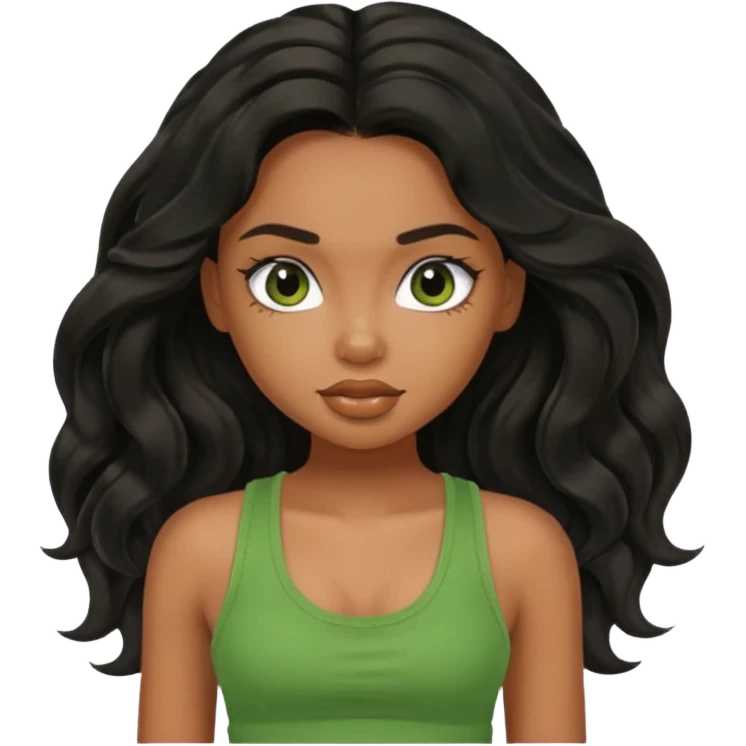 a pretty bratz brown girl with long wavy black color hair and green tank top on emoji