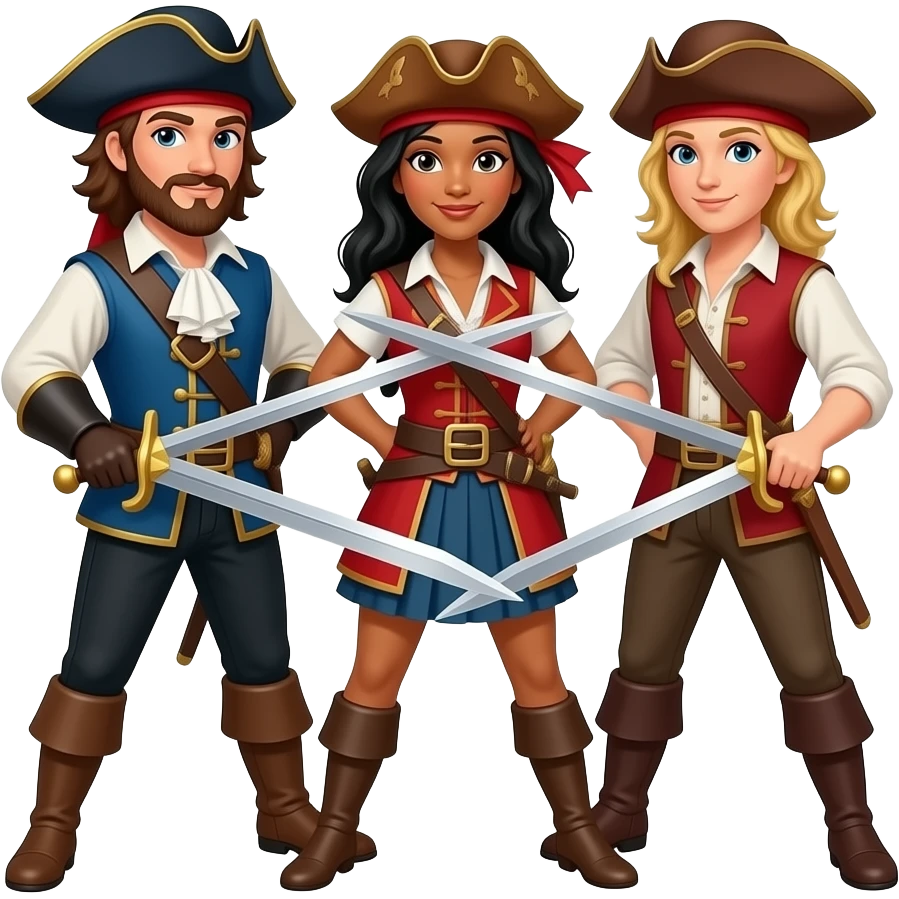 Three musketeers. One guy with brown hair, one girl with black hair and one girl with blond hair. They cross swords and they wear hats. "All for one and one for all" posture. Middle girl has tanned skin and needs a sword too. You have to see them in their entirety. emoji