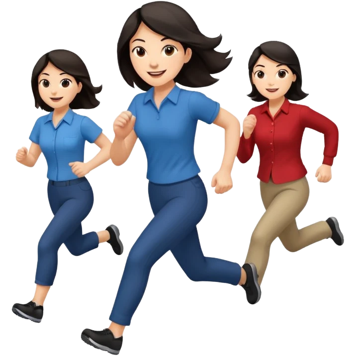 a female co-worker running and other co-workers chasing her  - female co worker with dark hair way in front... others far behind emoji