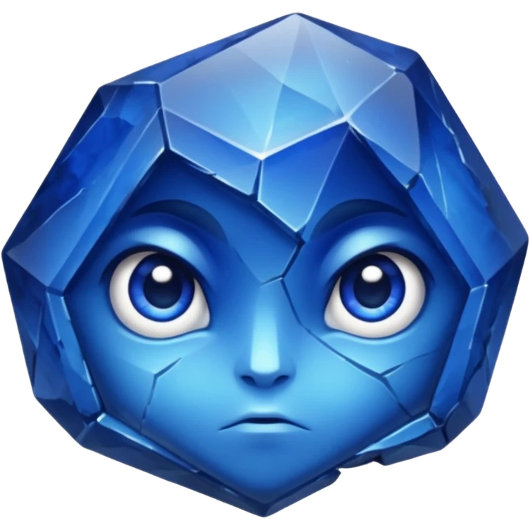 A single sapphire-blue faceted rock head, chunky and worn, with very visible big cracks and chipped facets but still shiny, big kind eyes emoji