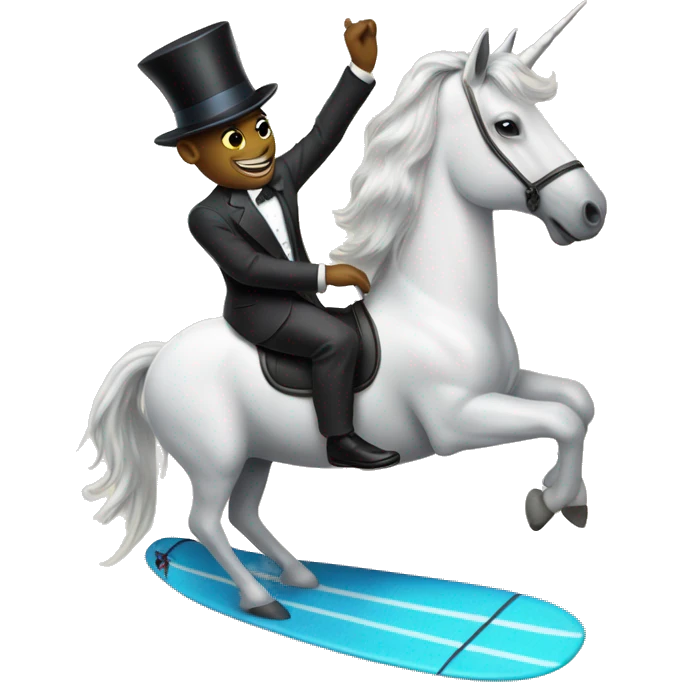unicorn riding a surfboard with a top hat and a monicle  emoji