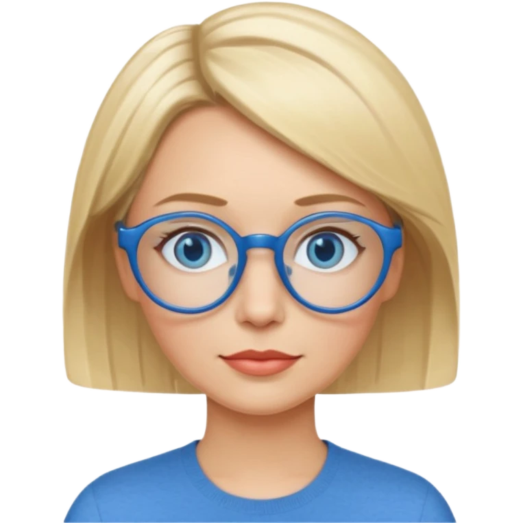 femme 40 ans cheveux courts garçon blond avec raie sur le coté, yeux bleu et lunettes rondes bleues emoji