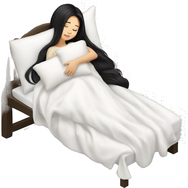 asian cute girl with long beauty black hair sleeping with white blanket and pillow emoji