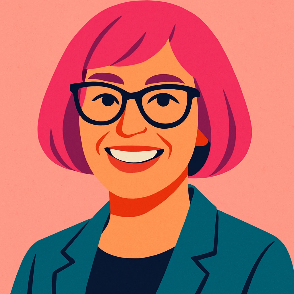 50 year old woman with a pink bob hairstyle, pink salt background, smiling, modern look emoji