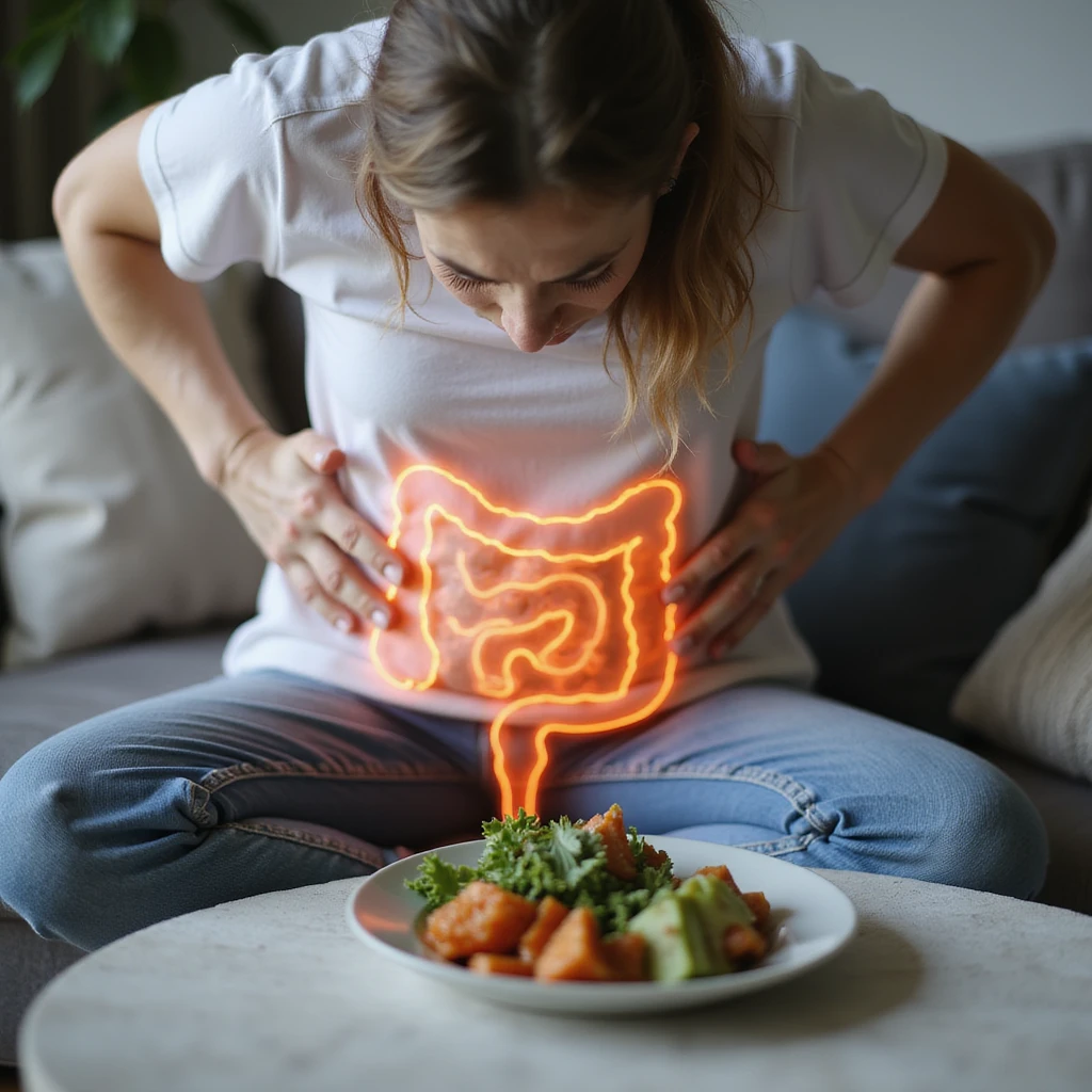 adult woman, photorealistic, intestinal problems, sitting with hands on abdomen, diet food plate in front, intestines highlighted in transparency, painful expression, natural light, home background emoji
