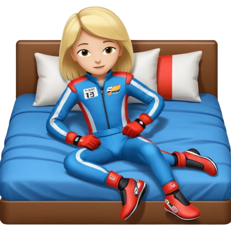ten-year-old girl in a racing suit, racing shoes and racing gloves with no helmet, unzipped, sleeping on a bed happily, flat-chested and prepubescent emoji