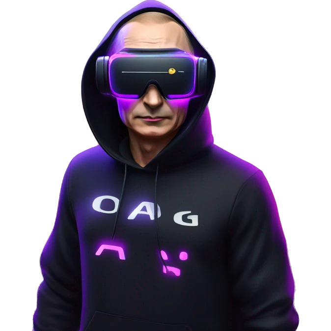 Vladimir Putin wearing a black hoodie with "OMG" letters on it and VR headset oculus quest 2 in a cyberpunk VR environment with violet neon lighting. emoji