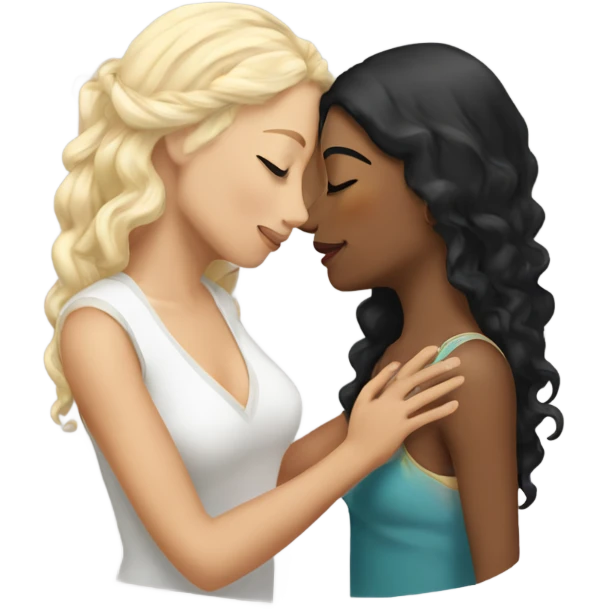 A indian race woman with long black hair kissing a white woman with curly blonde hair, Who embrace each other tenderly emoji