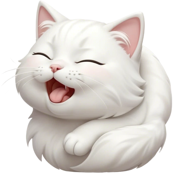 Cinematic Cute Yawning White Cat Portrait Emoji, Head gently tilted with an endearing, wide-open yawn and softly closed eyes, showcasing a pristine white fur with delicate hints of silver, simplified yet irresistibly adorable, highly detailed, glowing with a tender, cozy radiance, high shine, exuding sleepy charm and gentle affection, styled with a soft glowing outline, capturing the essence of a white cat caught mid-yawn, radiating pure, adorable lethargy! emoji