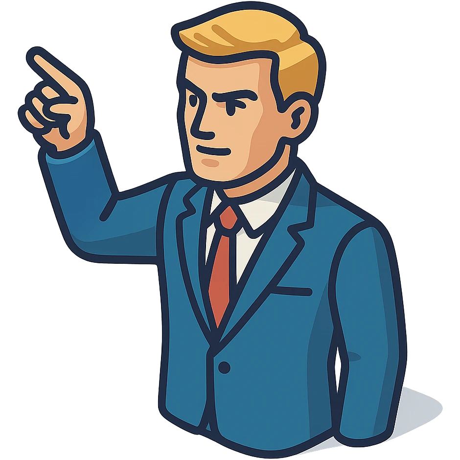 Confident male leader, Caucasian, short neat blonde hair, sharp eyes, indigo jacket, one arm raised gicing direction, waist-up, front-facing emoji
