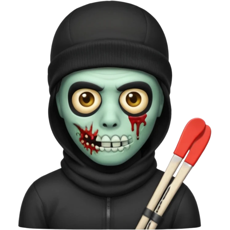 Zombie Emoji AppleIOS Style, Black Hair, SkiMask on Sideways Head, and Black shirt emoji