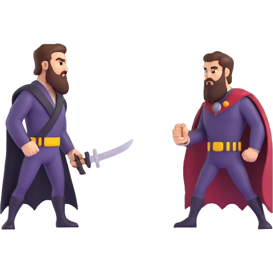 superhero comic cover with bearded hero facing off against razor-wielding villain, dramatic lighting emoji