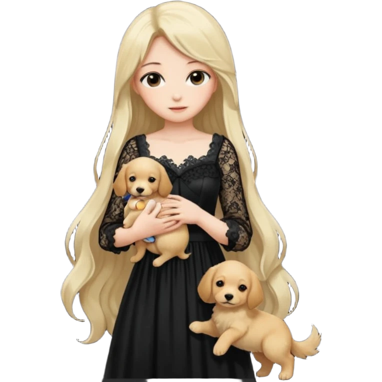 Pastel anime lady long hair with long lace dress full body holding puppy emoji