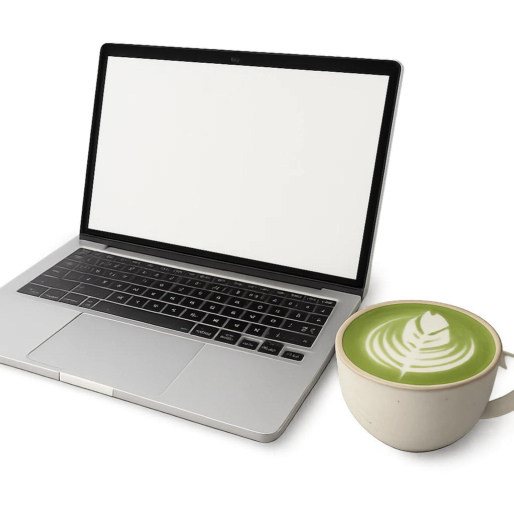 a MacBook laptop and a matcha latte together, clean and modern style emoji