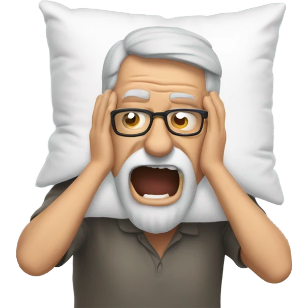 Older man with glasses and grey beard screaming into a pillow emoji