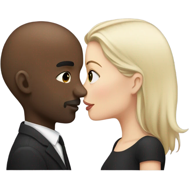 White girl dark hair kissing bald black man emoji