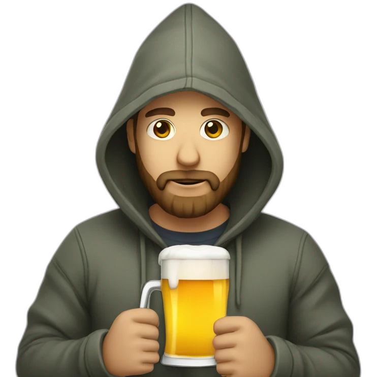 Developer with a beard wearing a hoodie drinking a beer emoji