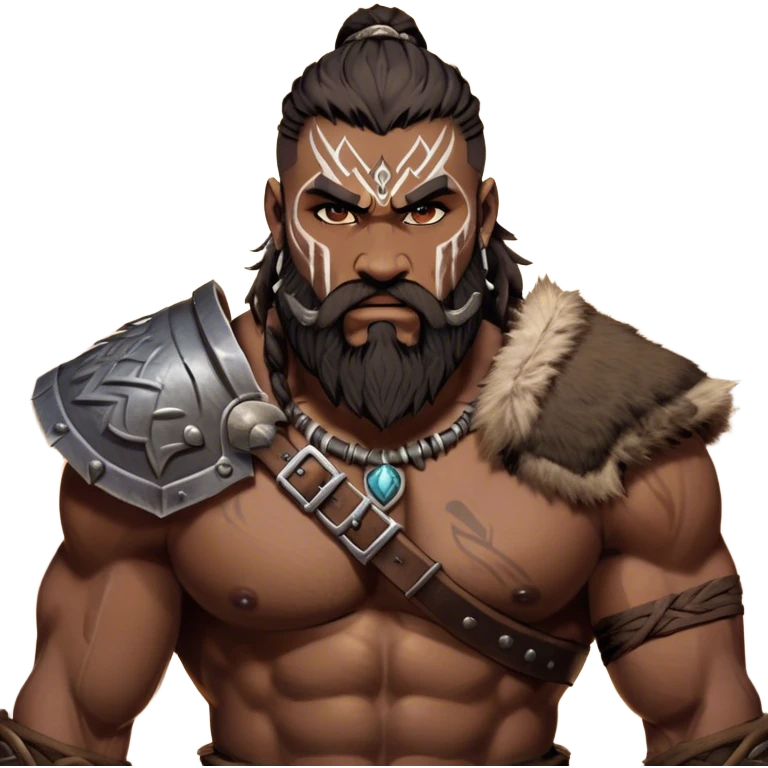 Clash of Clans aesthetic: Cinematic Rugged Barbarian Portrait Emoji, Intense and formidable with a heavily muscled physique, a rugged beard, piercing eyes, and battle-worn armor adorned with tribal markings, his expression fierce and resolute, Simplified yet powerfully detailed features, highly detailed, glowing with a deep, primal energy, high shine, gritty and uncompromising, stylized with an air of raw, untamed power, focused and determined, soft glowing outline, capturing the essence of a barbarian warrior carved by countless battles and poised to lead his clan into epic conflict! emoji
