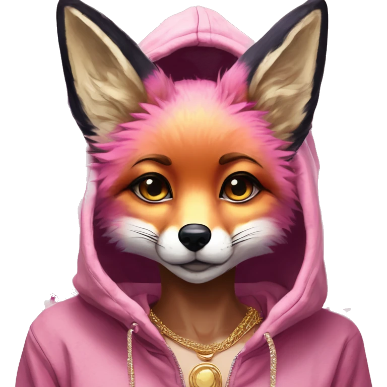 Pink magenta burgundy maroon beige fox wearing a pink hoodie with gold jewellery gold piercings gold ear piercing gold nose piercing vintage watercolour tie dye black raven wings emoji