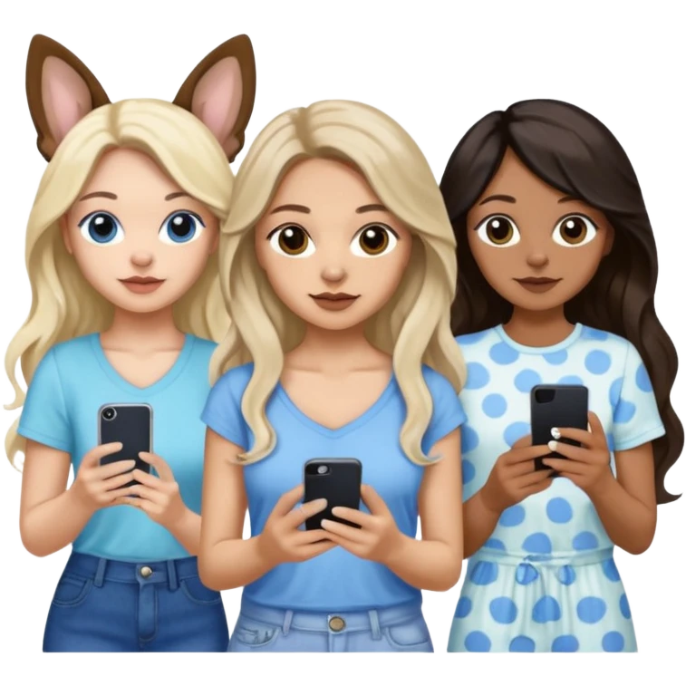 Three women in summer clothes holding iPhone, hazel eyed light skin with dark blonde long hair and Brown eyed,light skin black long wavy hair, blue eyed light skin long blonde hair with 2 dogs, blue spotted Merle Frenchie, black and tan chihuahua  emoji