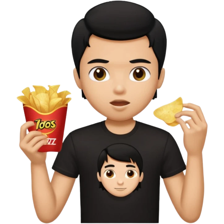 a pretty bratz guy with curly black hair in in black tshirt eating chips emoji
